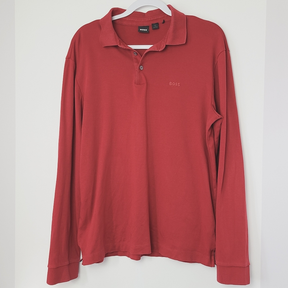 BOSS Hugo Boss Red Long Sleeve Polo Shirt Mens L | Designer Casual Cotton Top